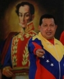 Venezuelan President Hugo Chávez in front of a painting of  Simón Bolivar