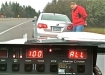 Photo from the Marion County Sheriff's Office shows 100 MPH speed recorded on the patrol car's radar unit, with the driver, Jebidiah Murphy, in the background.