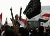 Egyptian demonstrators raising Egyptian and Palestinian flags to protest the deaths of Egyptian security forces killed in a shootout Thursday.  AP photo carried by Salon.com in a column by Glenn Greenwald.