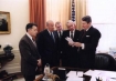 Former U.S. President Ronald Reagan meets with Caspar Weinberger, George Shultz, Ed Meese and Don Regan to discuss the president's remarks on the Iran-Contra affair