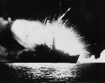 HMS Antelope under attack by Argentina