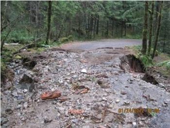 Forest road washed out by rains at Detroit, Oregon