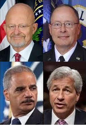 Clockwise from top: James R. Clapper, Keith Alexander, Eric Holder and Jamie Diamon 