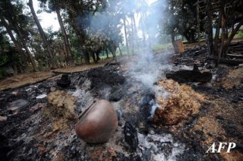 Smoke rises from the remains of burnt properties in Pauk Taw Wa village near Thandwe, in Myanmar's western Rakhine state